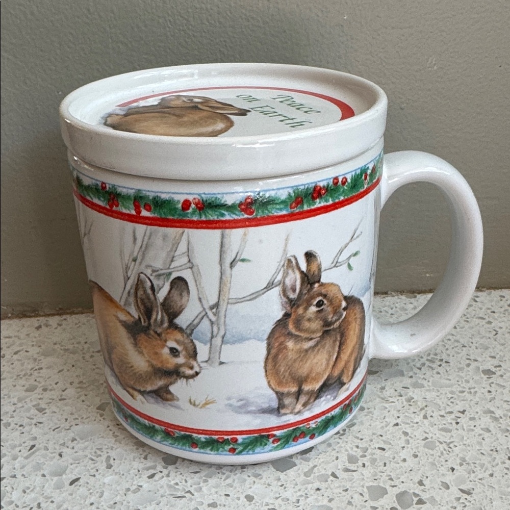 Vintage Dakin Holiday Bunny Mug with Lid